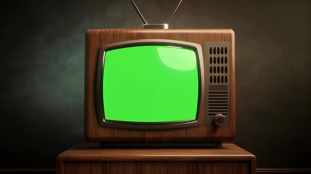 A vintage television with a green screen sits on a wooden stand.