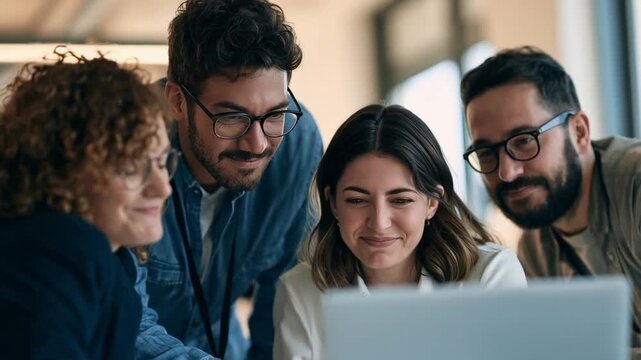 Diverse Team of IT Professionals Sharing Genuine Laughter Around a Laptop in a Modern Office