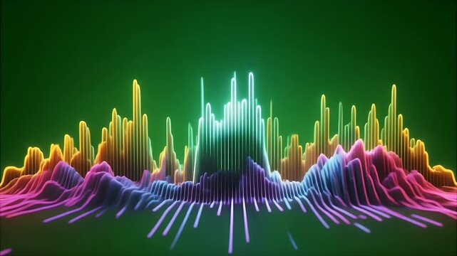 A vibrant 3D audio visualization with colorful peaks against a green background.
