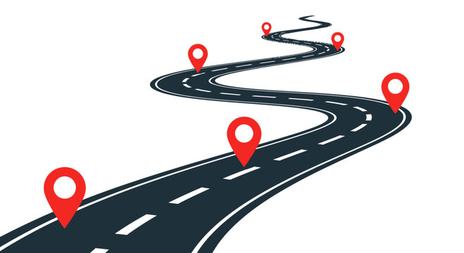 Winding Road with GPS Map Pins: Journey, Navigation, Travel Concept