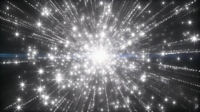 A bright explosion of sparkling lights radiates outwards against a dark background.