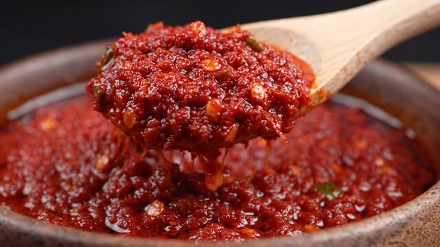 Wooden spoon scooping spicy red chili paste from a bowl close up.