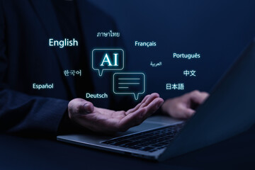 Artificial intelligence and multilingual communication concept showing a professional using a laptop with digital language interfaces, representing AI translation, global communication, localization. © WICHAI