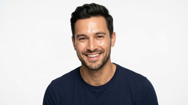 A man with dark hair smiling against a white background.