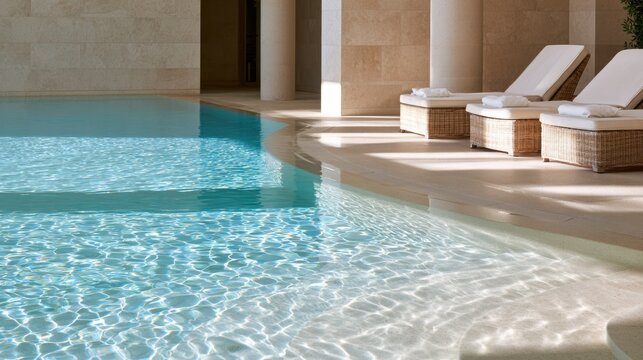 A serene indoor pool with lounge chairs and warm stone walls bathed in sunlight