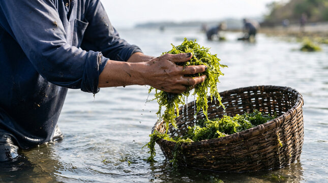 Close-up of a coastal worker hand harvesting fresh green seaweed from shallow seawater and placing the wet crop into a traditional woven basket.