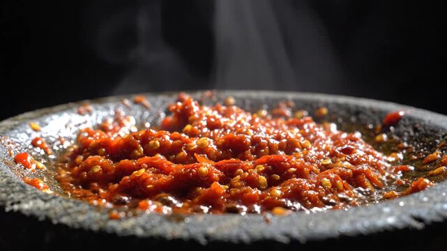 Fresh spicy red chili paste mixed in traditional stone mortar with steam.