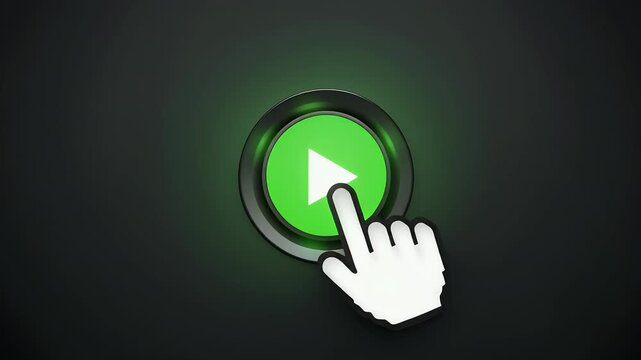 A cursor hand clicks on a glowing green play button.