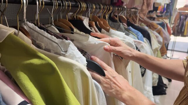 Close-up of hands browsing clothes on a rack, searching for interesting garments.
