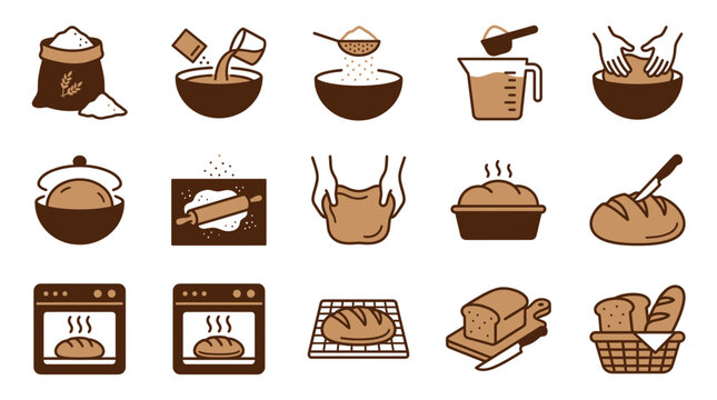 Set of Bread Making Process Icons Featuring Kneading, Baking, Slicing and Fresh Homemade Bakery Steps
