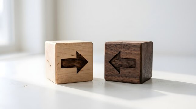Two wooden blocks with carved arrows pointing in opposite directions on white surface desk