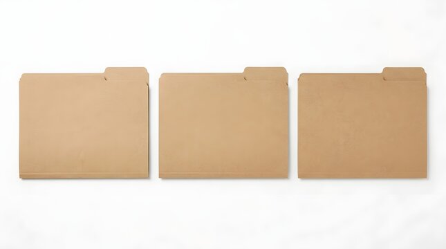 Three identical brown manila paper folders aligned horizontally on a clean white studio background