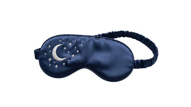 Luxurious navy blue silk sleep mask, embroidered with a crescent moon and twinkling stars; a comfortable eye cover for restful sleep, relaxation, and travel. isolated PNG with Transparent