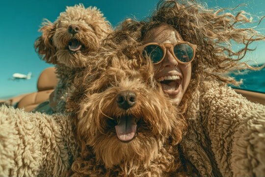 A joyful woman and two dogs smile in a convertible under a clear blue sky with an airplane in the distance.