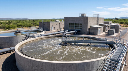 Fototapeta premium Industrial wastewater treatment plant with large concrete aeration tanks purifying liquid under blue sky