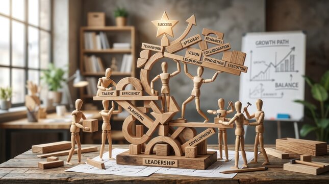 A wooden sculpture of a leader with a group of people around him, standing on a table with a whiteboard in the background.