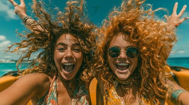 Two joyful women with curly hair laughing in a convertible under a bright blue sky with an airplane in the distance.