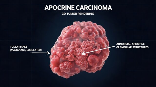 Apocrine carcinoma 3D medical illustration, lobulated malignant tumor mass with abnormal glandular structures, dark grid background annotated diagram
