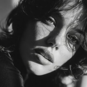 A high-contrast black and white portrait of a woman with dramatic shadows and expressive eyes, capturing a moment of intense emotion.