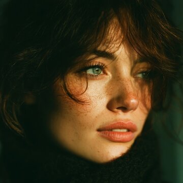 A close-up portrait of a woman with freckles and expressive eyes, captured in high-contrast lighting that highlights her natural beauty and emotional depth.