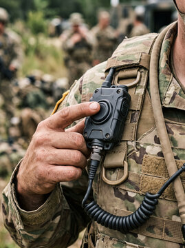 Military Soldier Pressing Tactical PTT Radio Button On Chest Harness
