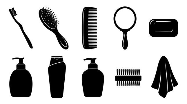 Personal care and bathroom grooming silhouette vector icon set including toothbrush, hairbrush, comb, hand mirror, soap bar, liquid soap dispenser, shampoo bottle, lotion pump bottle, nail brush and h