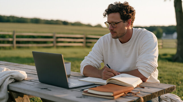 A software developer sits in a quiet rural aftermath of a team offsite, laptop closed on a picnic table, childhood boredom creativity channeled into notebook sketches of new app
