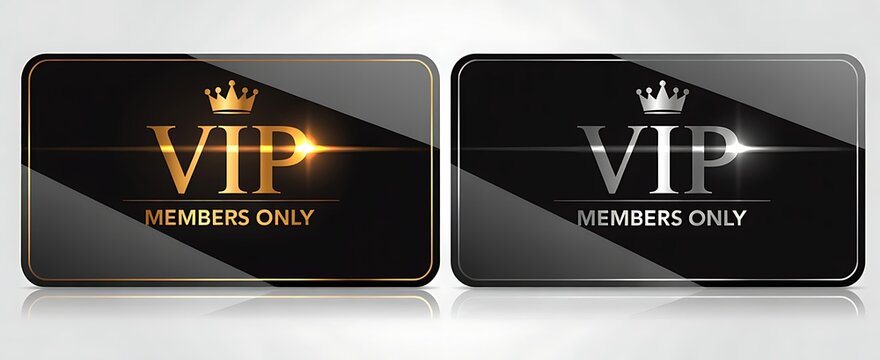 VIP member cards feature gold and silver crowns on shiny black surfaces.
