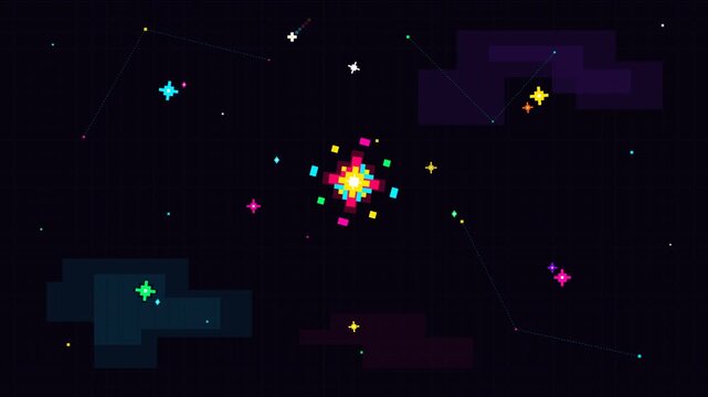 Pixel art space background featuring neon stars colorful constellations and abstract galaxy clouds on dark grid digital retro gaming 8-bit aesthetic