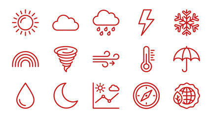Fototapeta premium A collection of red line icons representing various weather phenomena and meteorological concepts, including sun, clouds, rain, lightning, snow, and more.