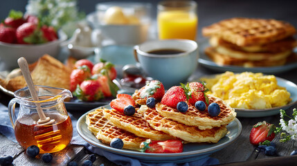 Fototapeta premium Crispy Belgian waffles with fresh strawberries and blueberries served with glass honey pitcher dipper scrambled eggs coffee and orange juice