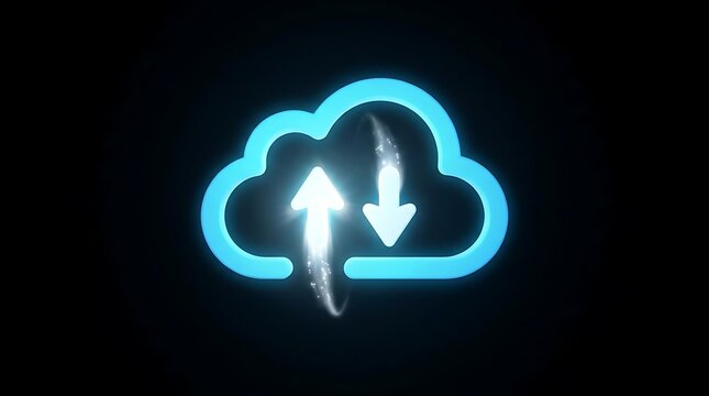 Blue glowing cloud icon with upload and download arrows