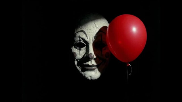 Menacing 4K Slow Motion of a Creepy Clown Mask Floating with a Red Balloon in Pitch Black Darkness for Halloween Horror