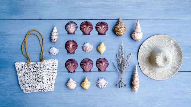 memorabilia. Seashell collection on blue wooden surface, coastal summer aesthetic. public awareness campaigns, NGO reports, designed for public awareness campaigns and NGO communications.