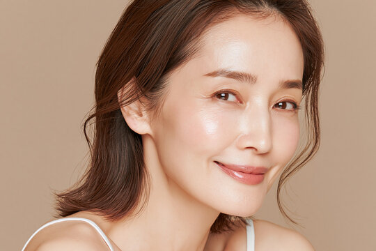 日本人, 女性, 50代, 40代, ミドル, シニア, 美容, スキンケア, エイジングケア, 健康, ライフスタイル, 美人, ナチュラル, 清潔感, 透明感, 白背景, コピースペース, 広告素材, 信頼感, 微笑み, ウェルビーイング, 上半身, 視線, ポニーテール, 化粧品, エステ, 自己肯定感, オーセンティック, ポジティブエイジング, 日本, ウェルエイジング, サプリメント,