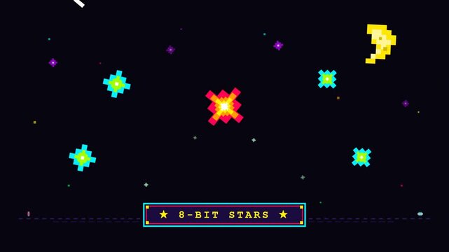Pixel art space background featuring 8-bit colorful stars and crescent moon with grid texture for retro gaming and nostalgic design concepts