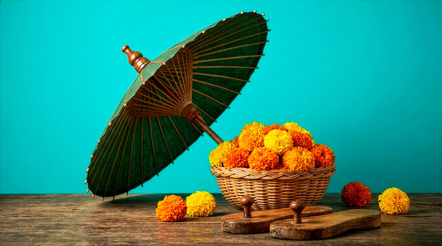 Traditional Onam Festival Setup with Olakuda Palm Leaf Umbrella and Marigold Flowers
