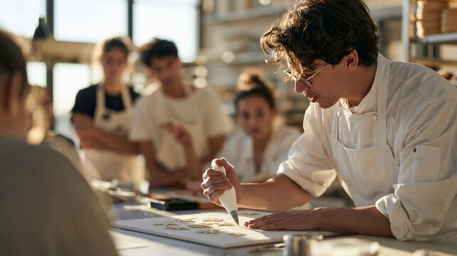 A confectioner pipes sugar decorations at golden hour as a group of teen apprentices observes the school bully confrontation moment reimagined as assertive peer redirection,