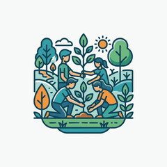 Flat vector illustration of a group of four diverse people planting young saplings in a green outdoor landscape with stylized trees, sun, and clouds; environmental reforestation theme.