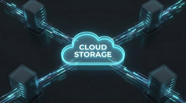 Digital cloud storage icon connected to server rack