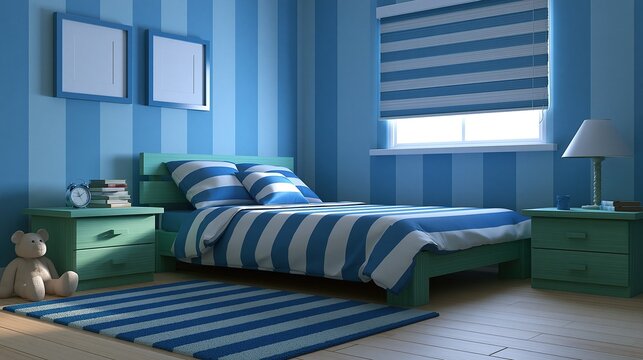 Cheerful kids&rsquo; bedroom with blue and white vertical striped walls green wooden bed frame matching nightstands and blue white striped bedding and soft area rug