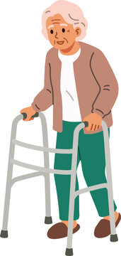 Senior elderly woman walking with medical walker. Flat design.