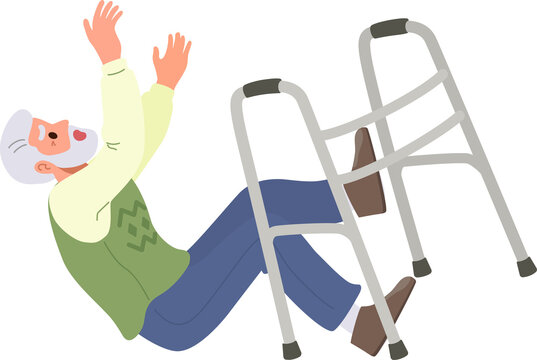 Senior elderly man falling with medical walker. Risk factors of falls in older adult. Flat design illustration.