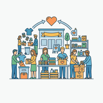 Vector illustration of volunteers at a charity center sorting canned food, packing cardboard boxes with heart icons, and organizing clothing for community support and humanitarian aid.