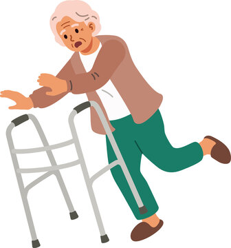 Senior elderly woman falling with medical walker. Risk factors of falls in older adult. Flat design illustration.