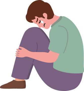 Sad depressed man sitting on the ground, mental health and anxiety flat design.
