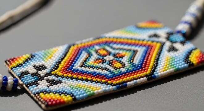 Indigenous beaded jewelry displays colorful geometric seed bead patterns. Traditional beaded jewelry showcases handcrafting skill with bright blue red yellow beads. Cultural beaded jewelry concept.