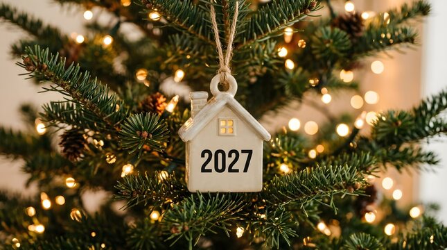 A detailed close up view of a christmas tree ornament showing the year two thousand twenty seven with