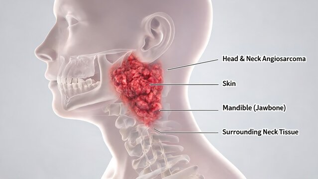 Head and neck angiosarcoma 3D medical illustration, annotated human profile showing malignant tumor, mandible, skin and surrounding neck tissue