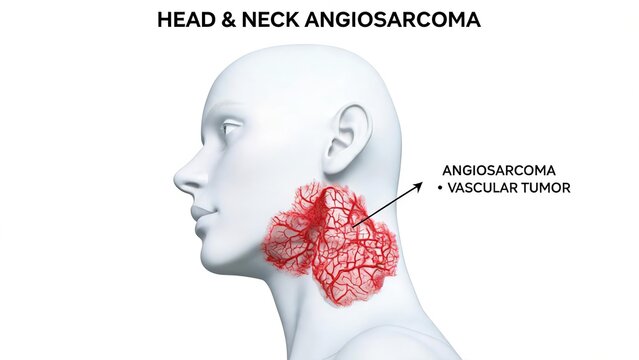 Head and neck angiosarcoma 3D annotated illustration, vascular malignant tumor on human side profile, white background medical schema